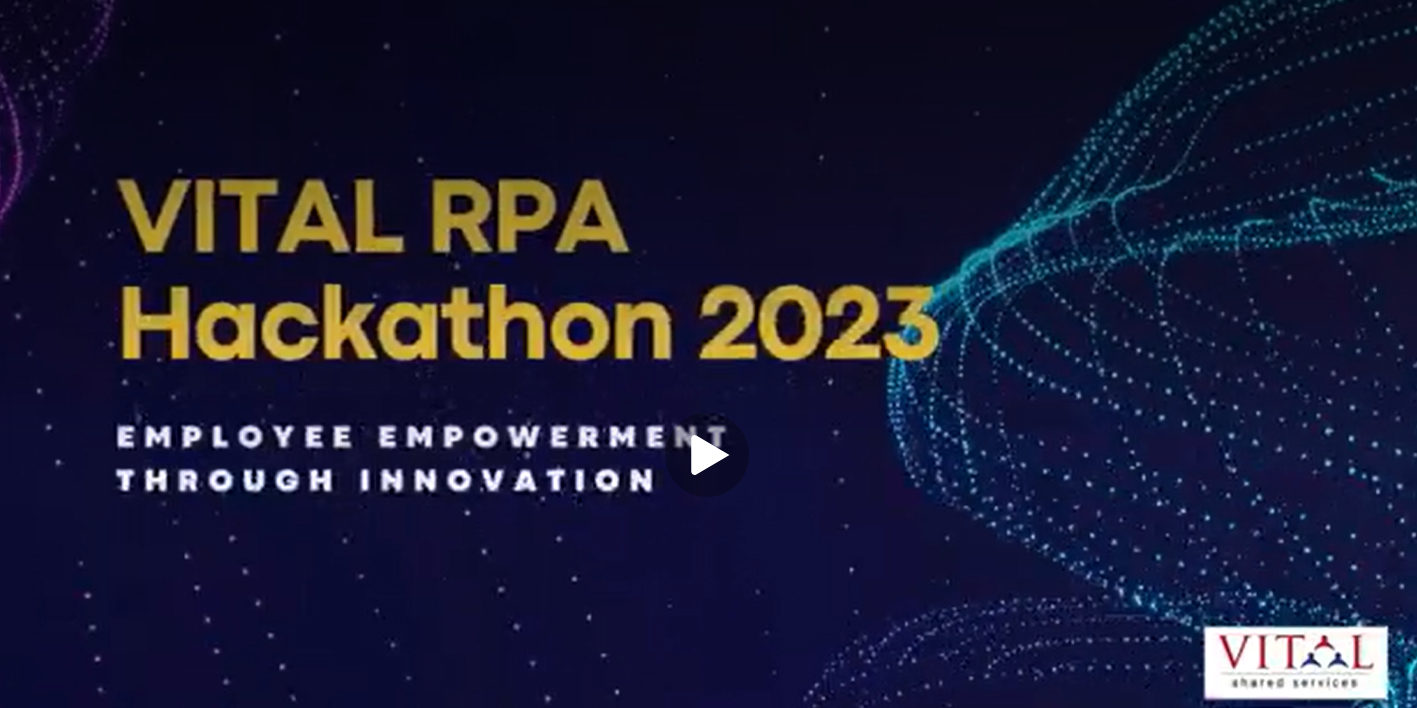 Dark blue banner reading "VITAL RPA Hackathon 2023" with subtitle "Employee Empowerment Through Innovation" and cyan digital waves.
